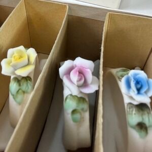 16 Vintage Porcelain Rose Napkin Rings Floral Ribbon Scroll Set Made in Japan